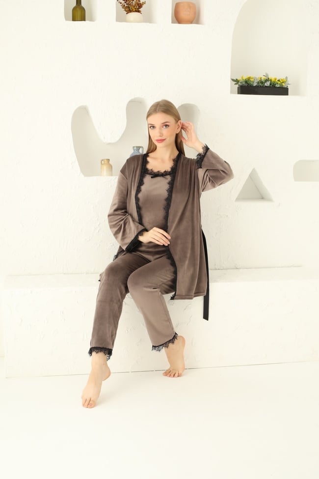 Kadın Vizon Ithal Fransız Kadife Ip Askılı Altı Uzun Sabahlıklı 3'lü Pijama Takımı Set