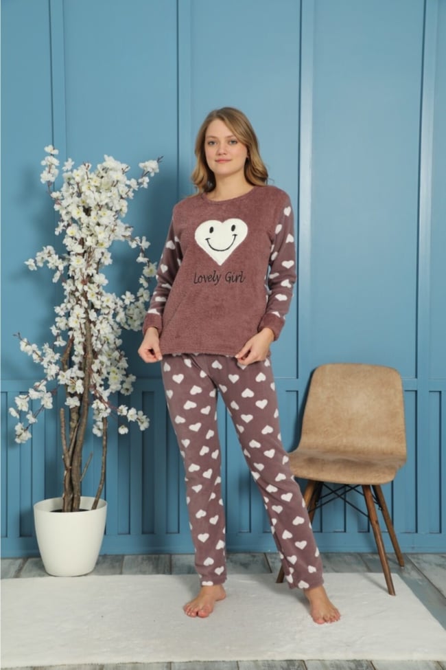 Kadın Vizon Kalpli Smile Lovely Girl Yazılı Polar Peluş Pijama Takımı