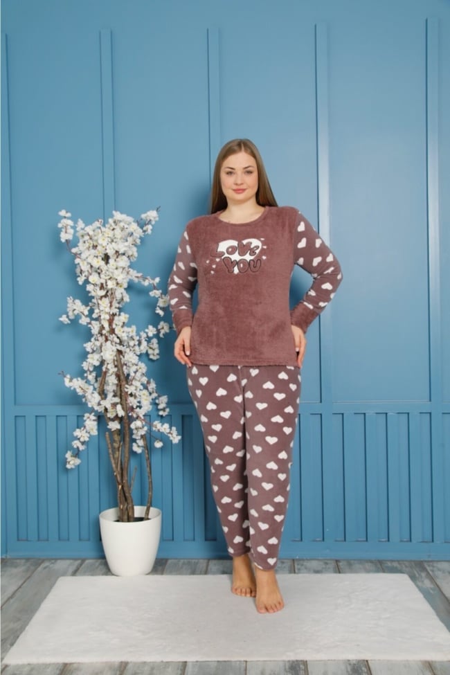 Kadın Vizon Love You Yazılı Kalpli Polar Peluş Pijama Takımı.