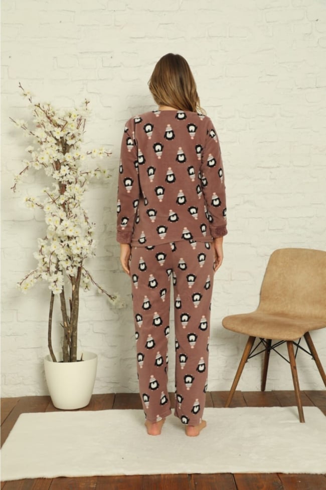 Kadın Vizon Penguen Desenli Polar Peluş Pijama Takımı