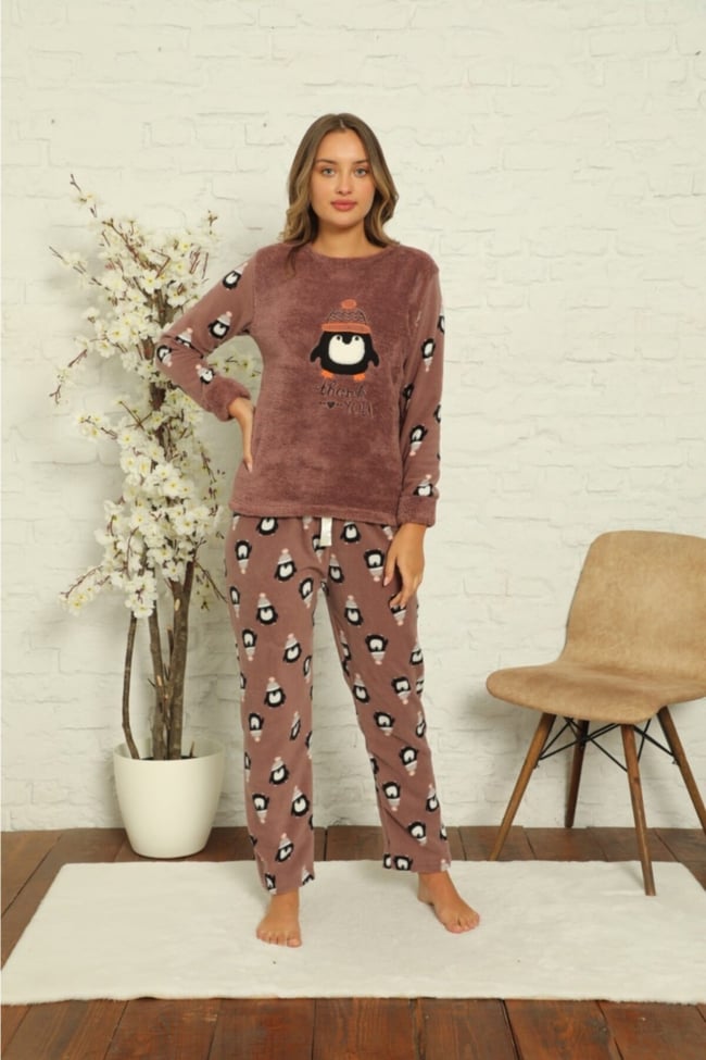 Kadın Vizon Penguen Desenli Polar Peluş Pijama Takımı