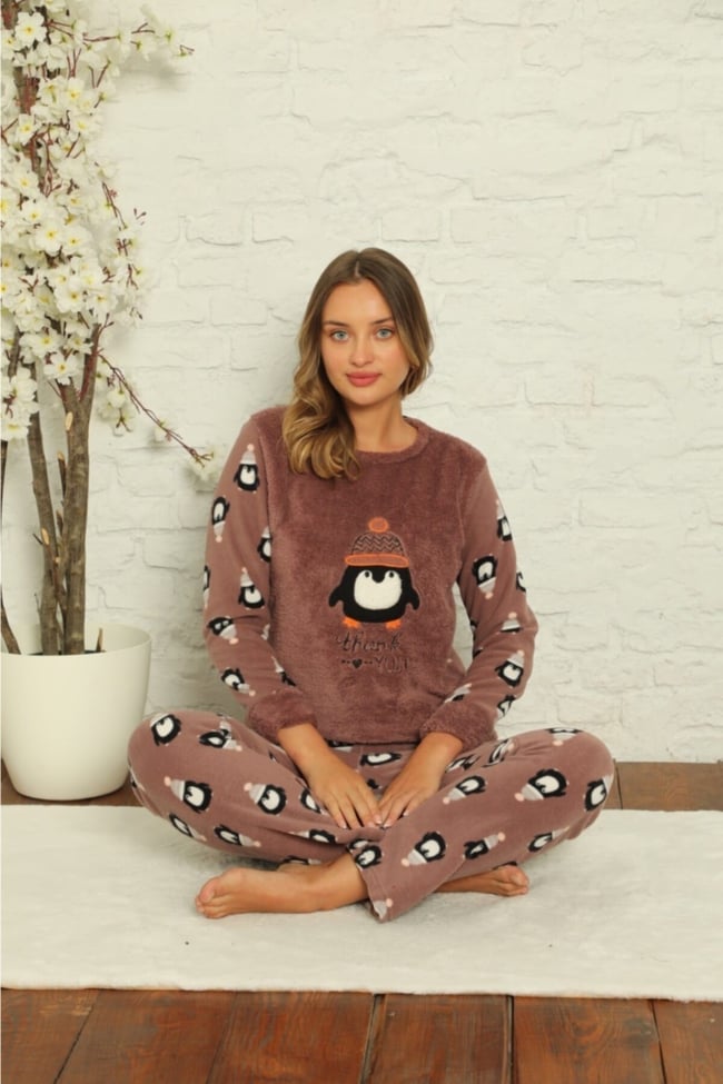 Kadın Vizon Penguen Desenli Polar Peluş Pijama Takımı