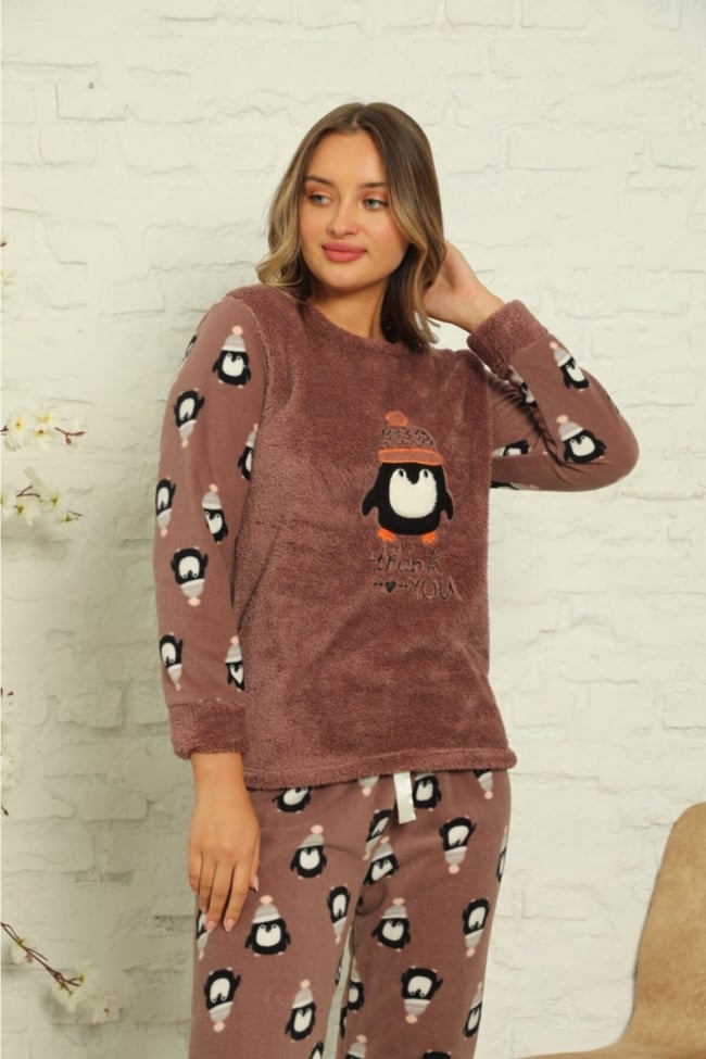 Kadın Vizon Penguen Desenli Polar Peluş Pijama Takımı