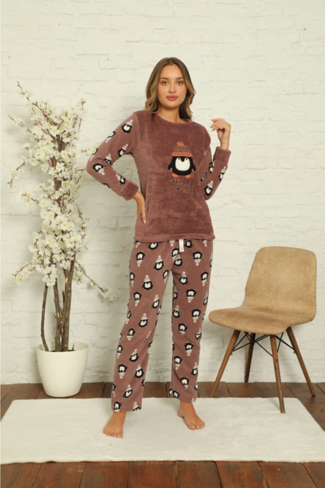 Kadın Vizon Penguen Desenli Polar Peluş Pijama Takımı
