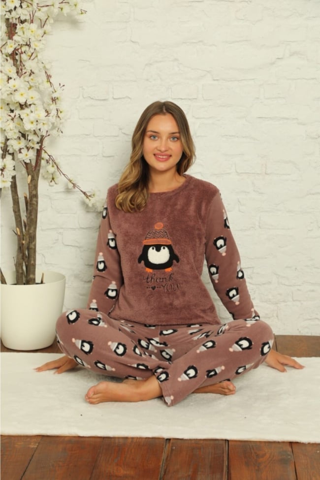 Kadın Vizon Penguen Desenli Polar Peluş Pijama Takımı