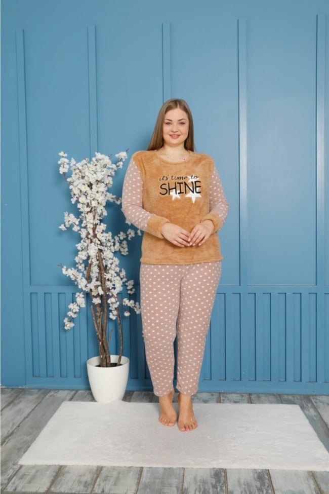 Kadın Vizon Shıne Yazılı Puanlı Polar Peluş Pijama Takımı