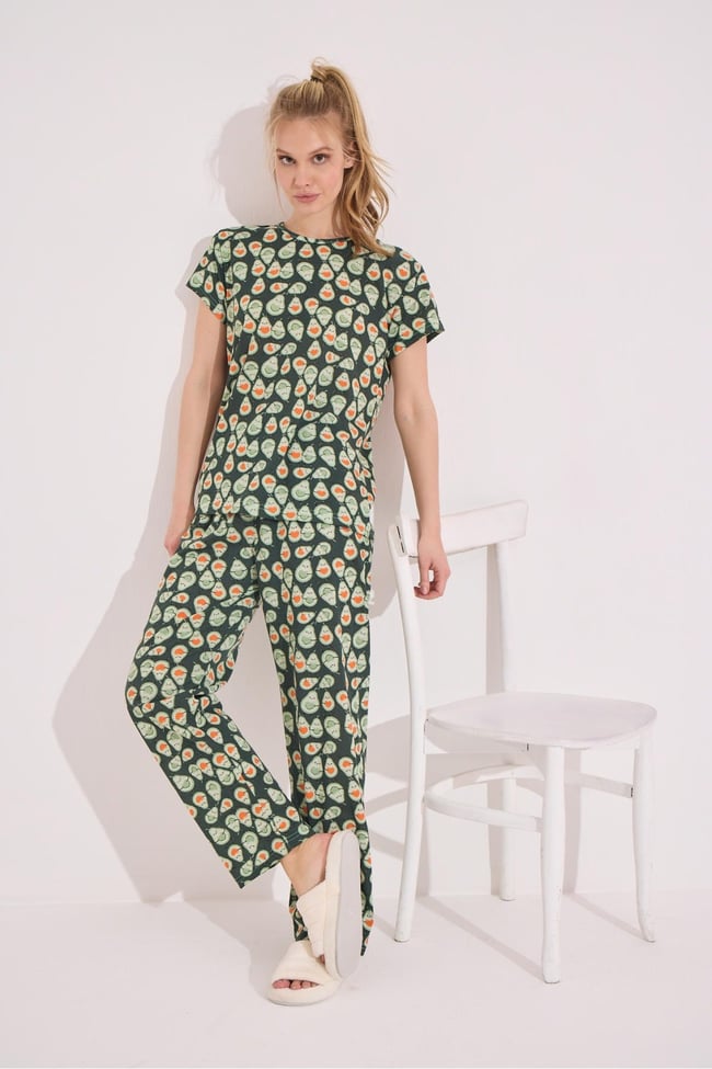 Kadın Yeşil Avokado Baskılı Kısa Kollu Altı Uzun Pijama Takımı.