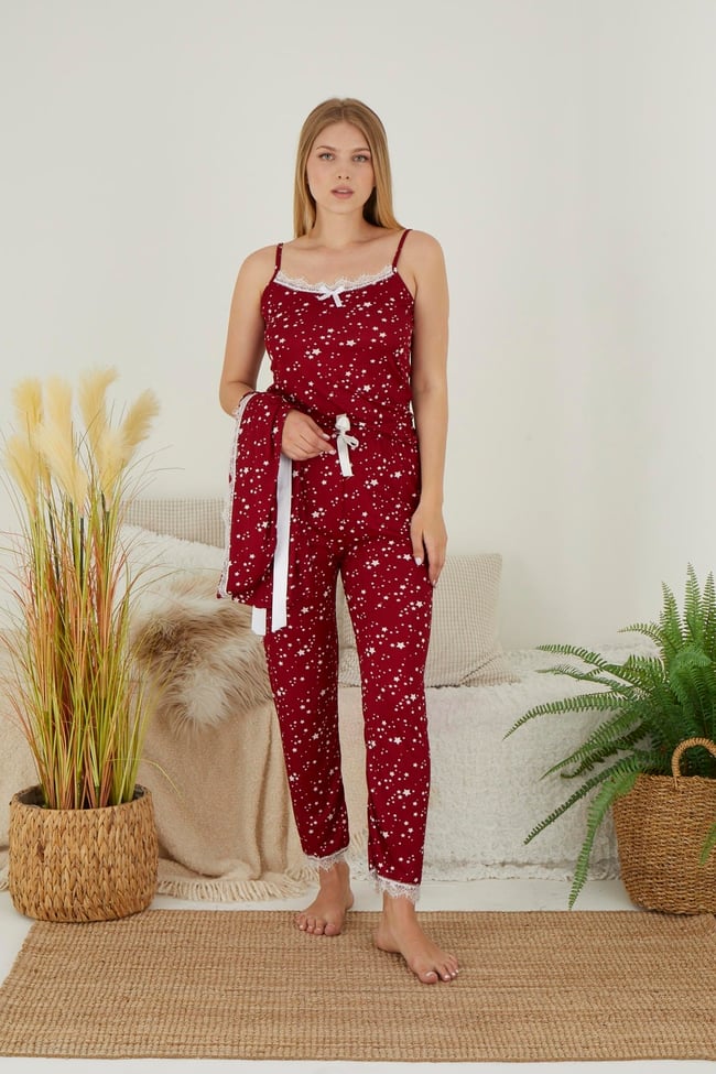 Kadın Yıldız Baskılı Bordo Ip Askılı Altı Uzun Sabahlık 3'lü Set Pijama Takımı.