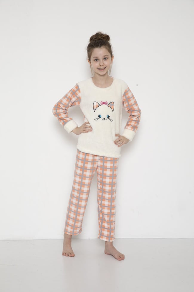 Kız Çocuk Ekoseli Kedicik Desenli Pudra Peluş Polar Pijama Takımı