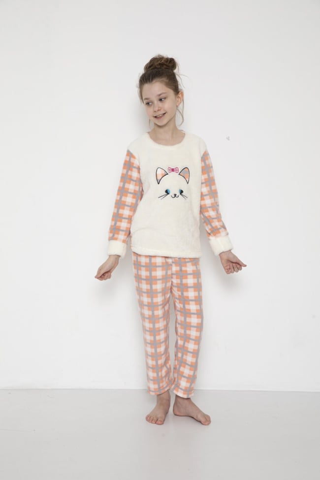 Kız Çocuk Ekoseli Kedicik Desenli Pudra Peluş Polar Pijama Takımı