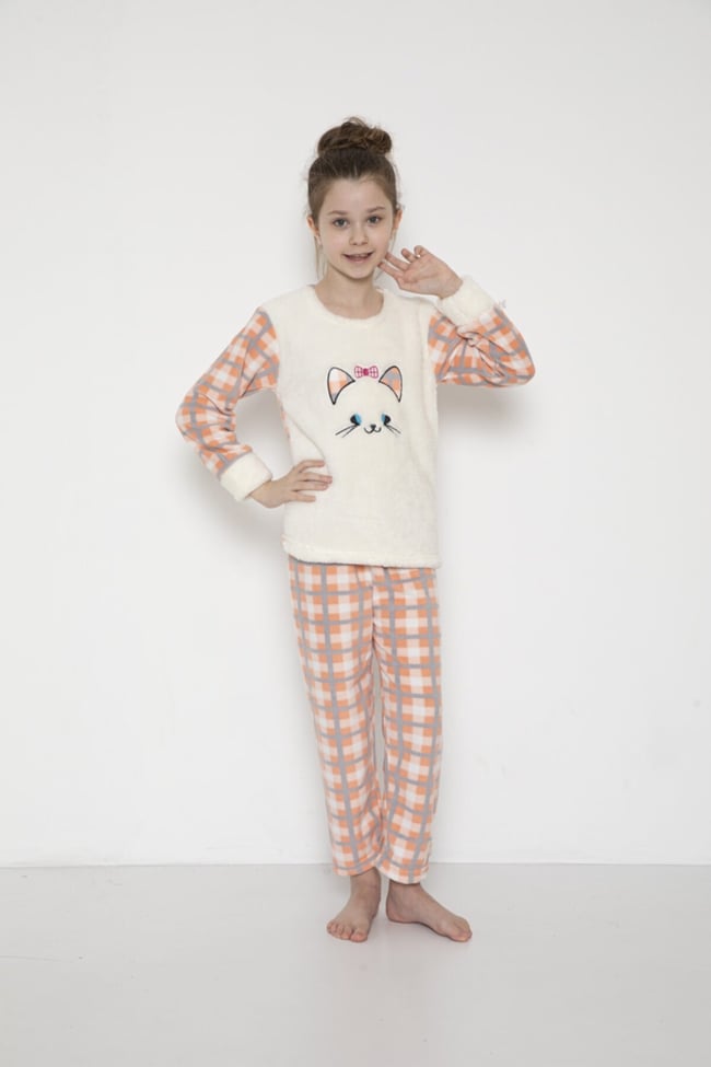 Kız Çocuk Ekoseli Kedicik Desenli Pudra Peluş Polar Pijama Takımı