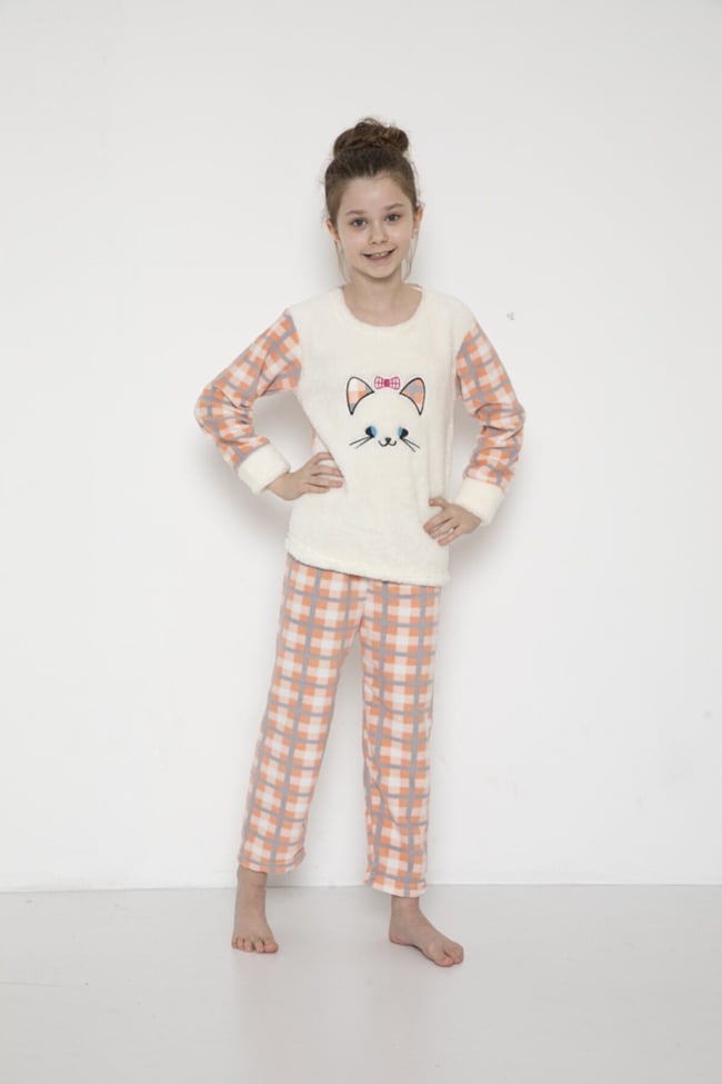 Kız Çocuk Ekoseli Kedicik Desenli Pudra Peluş Polar Pijama Takımı
