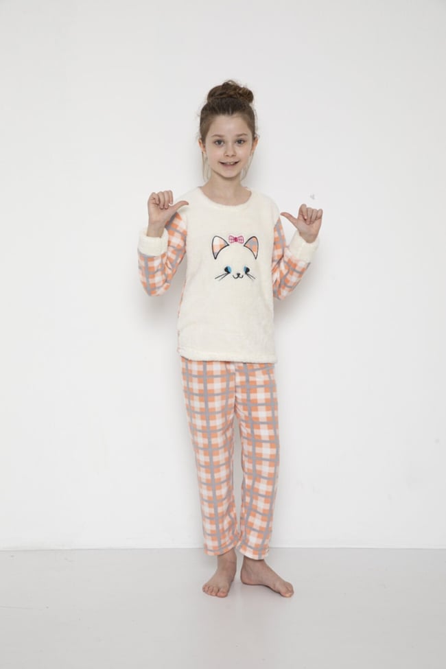 Kız Çocuk Ekoseli Kedicik Desenli Pudra Peluş Polar Pijama Takımı