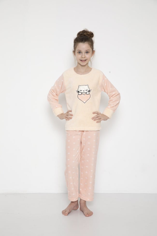 Kız Çocuk Kalpli Kedicik Desenli Pudra Peluş Polar Pijama Takımı