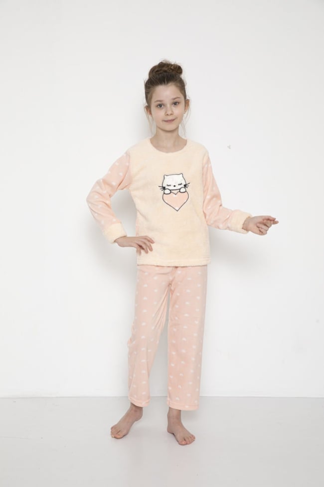 Kız Çocuk Kalpli Kedicik Desenli Pudra Peluş Polar Pijama Takımı