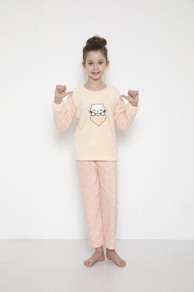 Kız Çocuk Kalpli Kedicik Desenli Pudra Peluş Polar Pijama Takımı