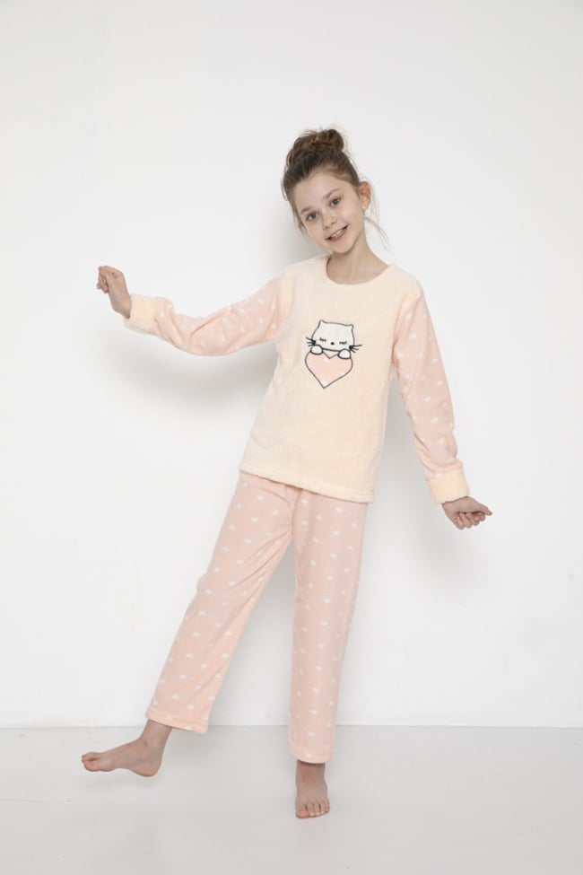 Kız Çocuk Kalpli Kedicik Desenli Pudra Peluş Polar Pijama Takımı