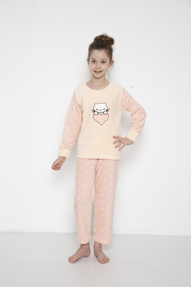 Kız Çocuk Kalpli Kedicik Desenli Pudra Peluş Polar Pijama Takımı