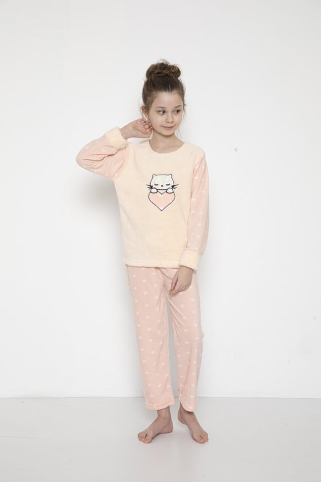 Kız Çocuk Kalpli Kedicik Desenli Pudra Peluş Polar Pijama Takımı