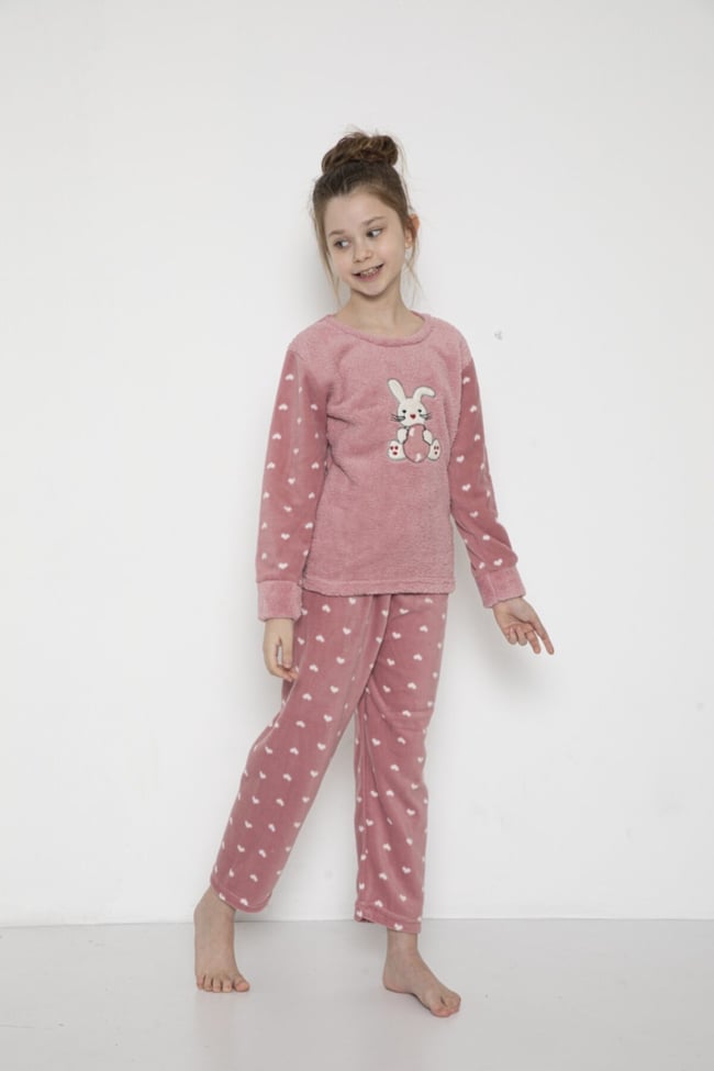 Kız Çocuk Tavşancık Desenli Pudra Peluş Polar Pijama Takımı