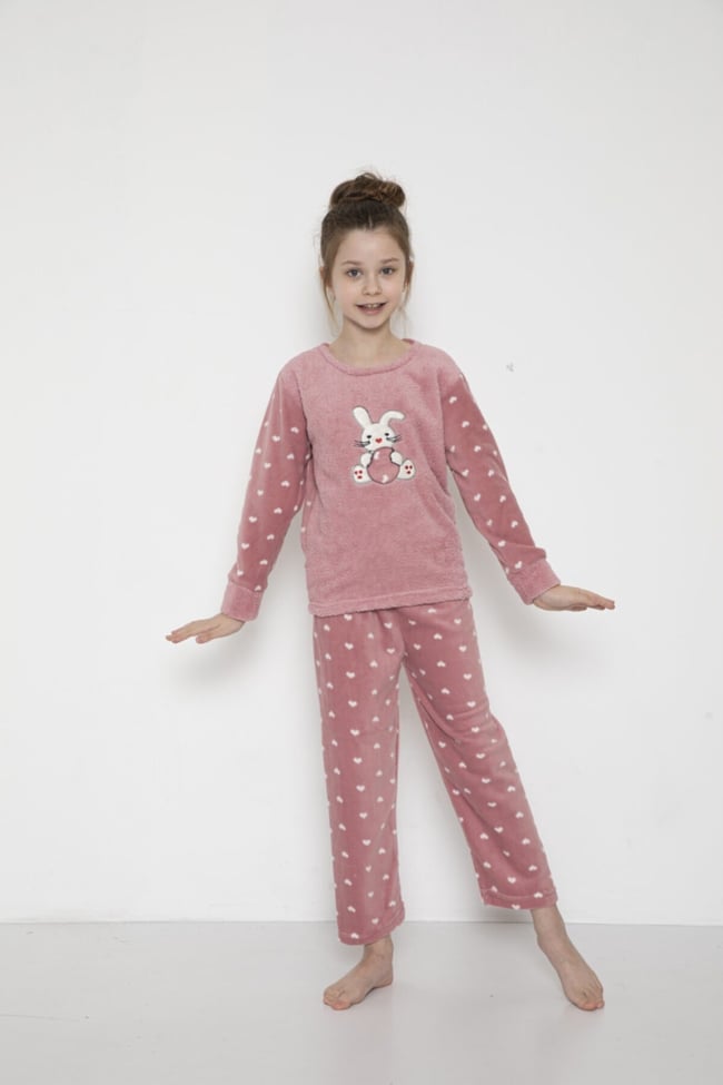 Kız Çocuk Tavşancık Desenli Pudra Peluş Polar Pijama Takımı