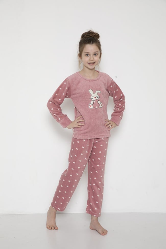 Kız Çocuk Tavşancık Desenli Pudra Peluş Polar Pijama Takımı