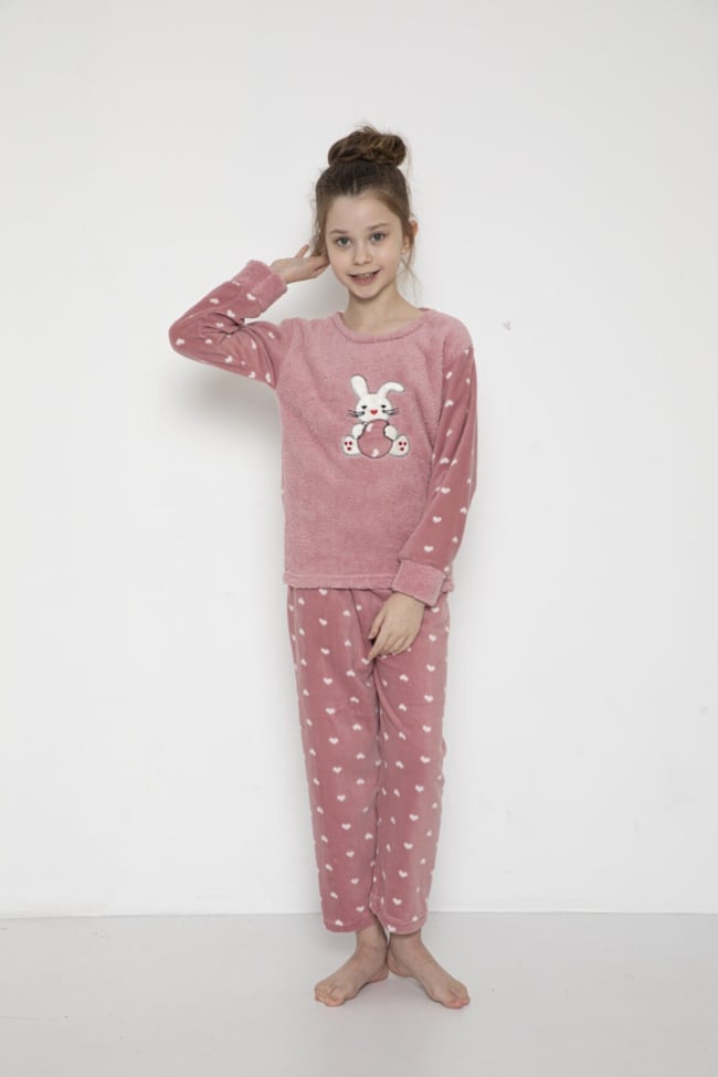 Kız Çocuk Tavşancık Desenli Pudra Peluş Polar Pijama Takımı