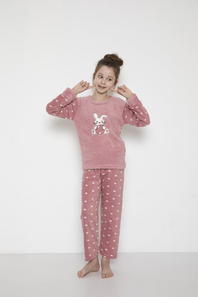 Kız Çocuk Tavşancık Desenli Pudra Peluş Polar Pijama Takımı
