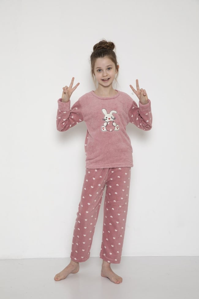 Kız Çocuk Tavşancık Desenli Pudra Peluş Polar Pijama Takımı