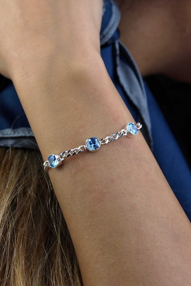 Aquamarine Rengi Zirkon Taşlı Gurmet Zincir 925 Ayar Gümüş Bileklik