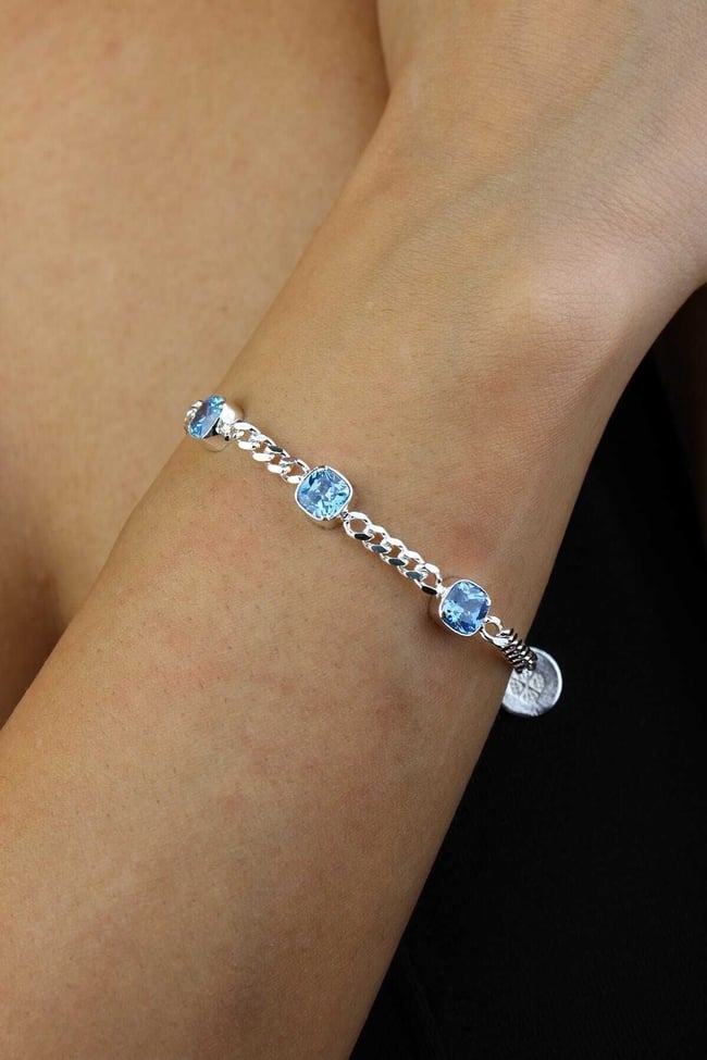 Aquamarine Rengi Zirkon Taşlı Gurmet Zincir 925 Ayar Gümüş Bileklik