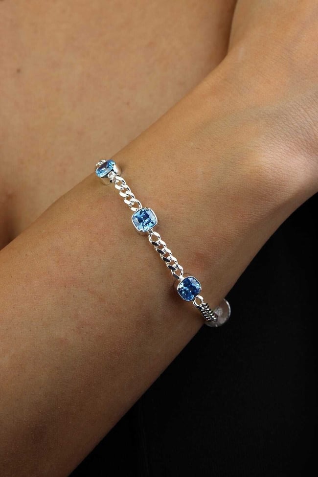 Aquamarine Rengi Zirkon Taşlı Gurmet Zincir 925 Ayar Gümüş Bileklik