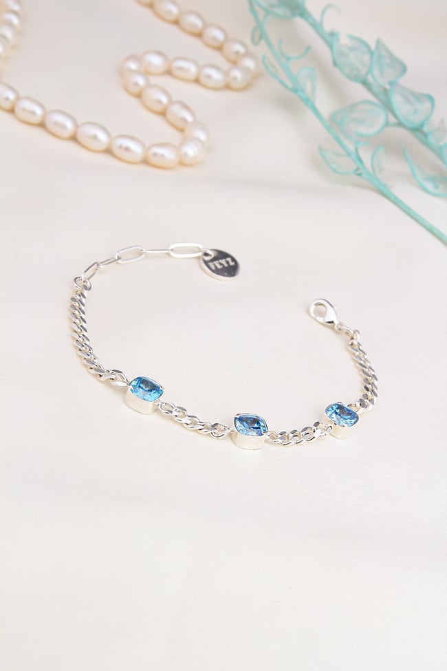 Aquamarine Rengi Zirkon Taşlı Gurmet Zincir 925 Ayar Gümüş Bileklik