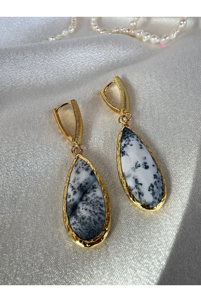 Dandritli Agate Taşı Özel Damla Kesim Tasarım Küpe
