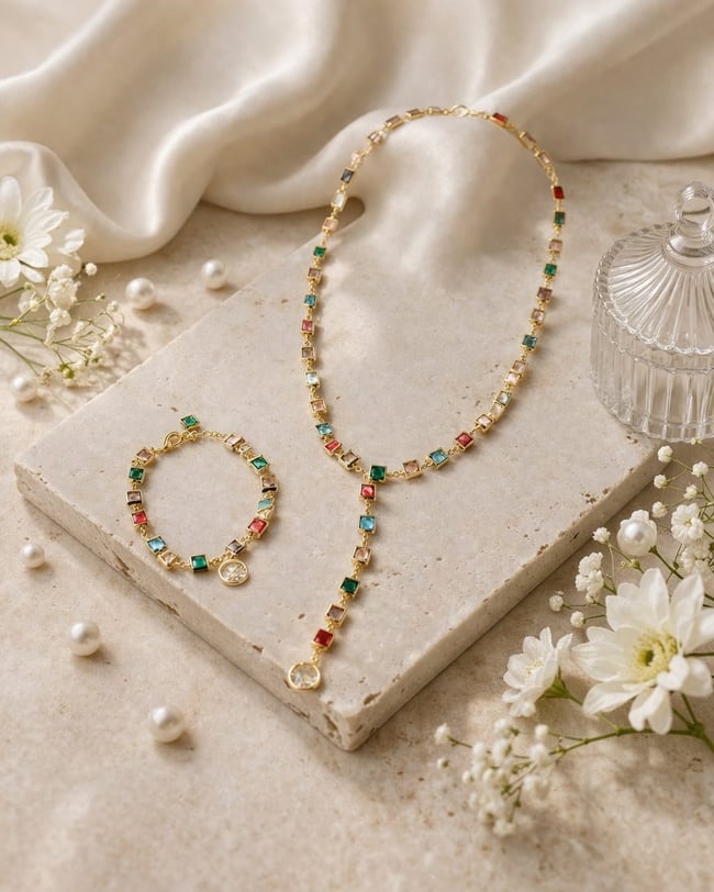 Feyz Aurora Renkli Taşlı Kolye Bileklik Set