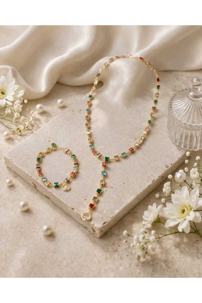Feyz Aurora Renkli Taşlı Kolye Bileklik Set