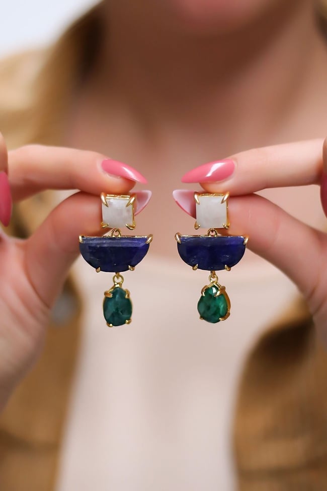 Gerçek Aytaşı Lapis Lazuli Ve Akik Doğal Taş Tasarım Küpe