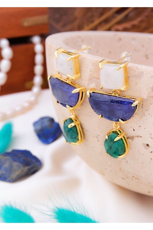 Gerçek Aytaşı Lapis Lazuli Ve Akik Doğal Taş Tasarım Küpe
