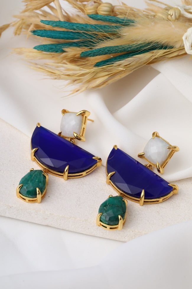 Gerçek Aytaşı Lapis Lazuli Ve Akik Doğal Taş Tasarım Küpe