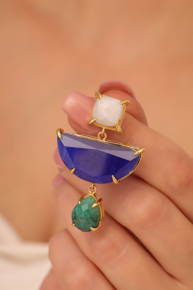 Gerçek Aytaşı Lapis Lazuli Ve Akik Doğal Taş Tasarım Küpe