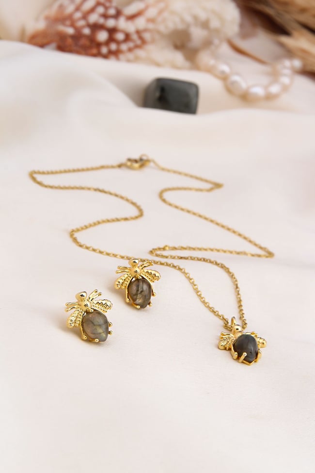 Labradorit Taşlı Arı Tasarım Kolye ve Küpe Set