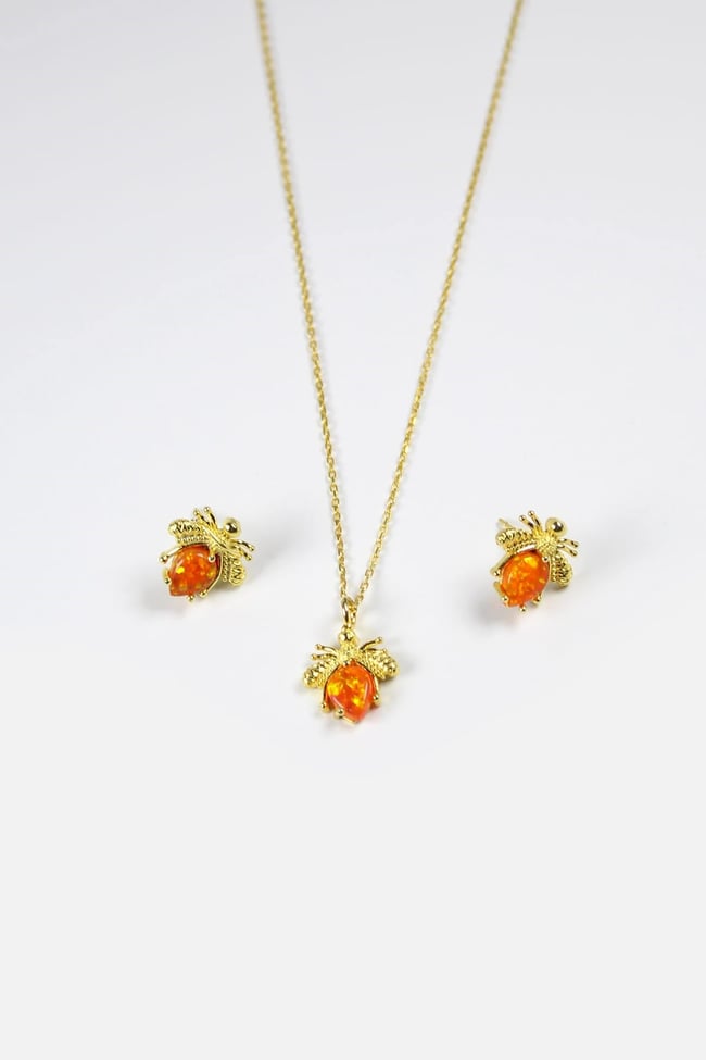 Opal Taşlı Arı Tasarım Kolye ve Küpe Set