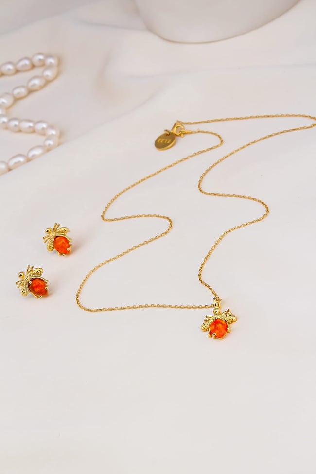 Opal Taşlı Arı Tasarım Kolye ve Küpe Set