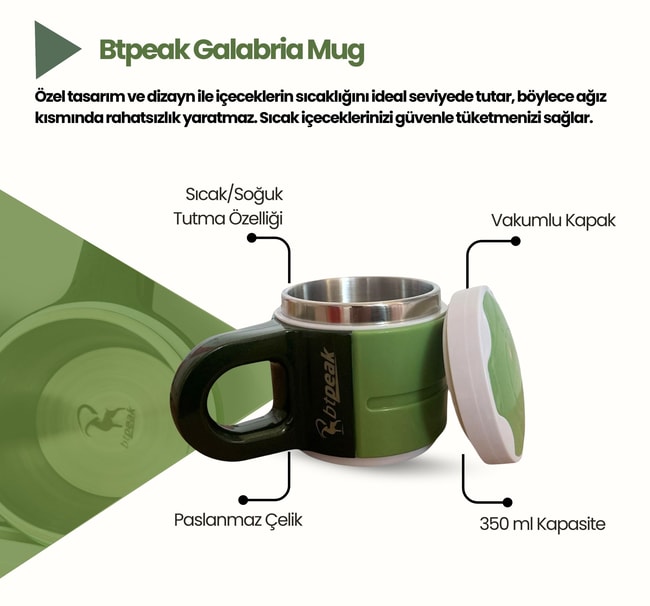 Btpeak Galabria 350 ml Vakum Kapaklı Paslanmaz Çelik Mug, Bardak,Termos Sıcak/Soğuk