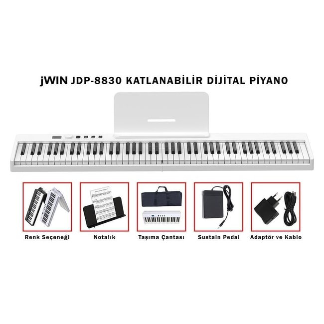Jwin JDP-8830 Tuş Hassasiyetli Katlanabilir Bluetooth + Şarjlı Piyano - Beyaz