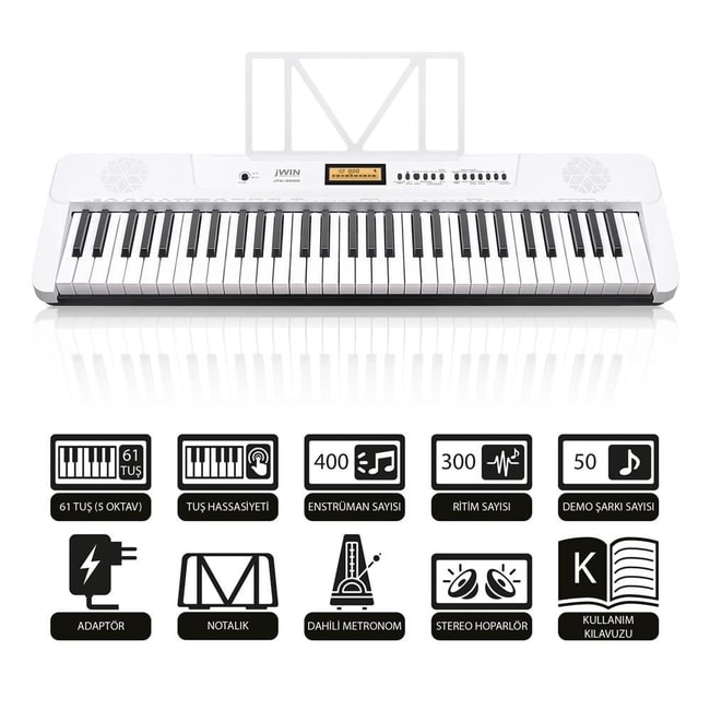 Jwin JTK-3600 61 Tuş Hassasiyetli 5 Oktav Org Seti - Beyaz