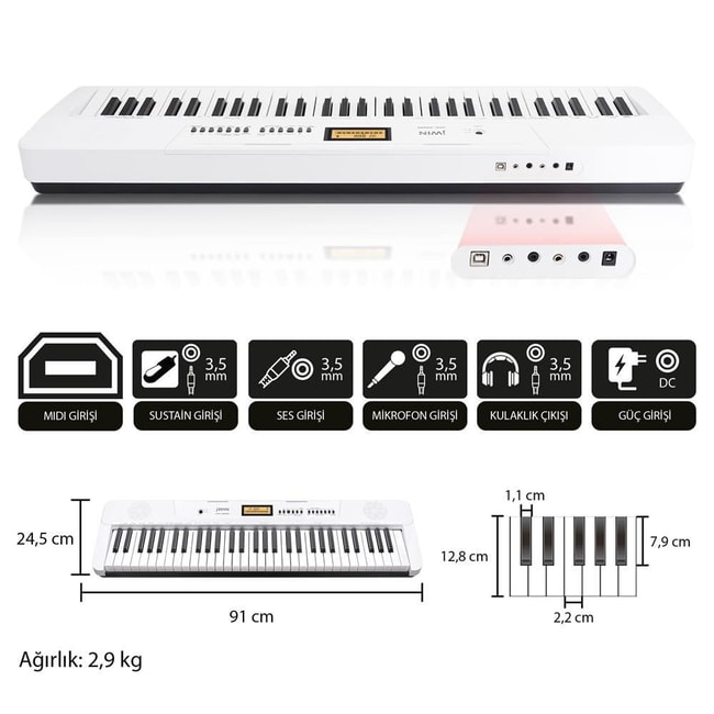 Jwin JTK-3600 61 Tuş Hassasiyetli 5 Oktav Org Seti - Beyaz