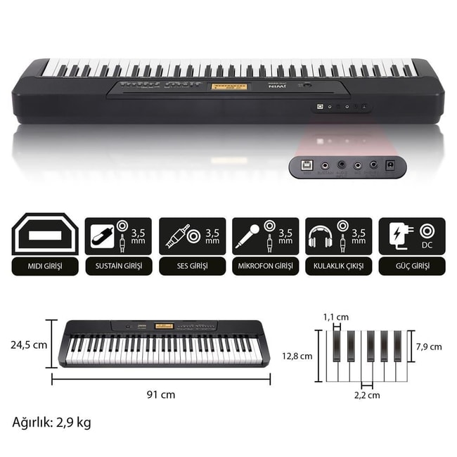 Jwin JTK-3600 61 Tuş Hassasiyetli 5 Oktav Org Seti - Siyah