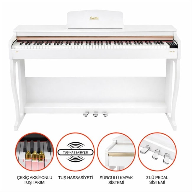 Jwin Sapphire SDP-215 Çekiç Aksiyonlu 88 Tuşlu Dijital Piyano + Tabure - Beyaz