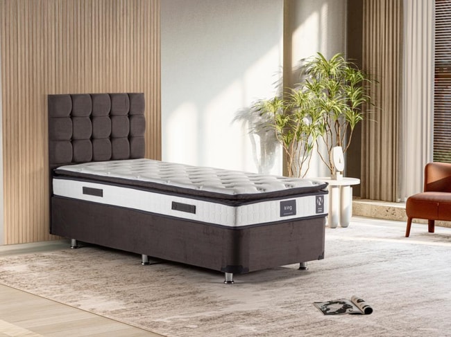 Niron King Yatak Seti 120x200 Tek Kişilik Yatak Baza Başlık Takımı Füme